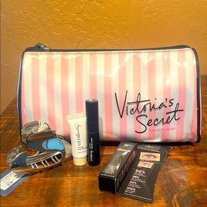 Victoria's Secret PVC Striped Pink Makeup Bag w/4 Products & Hair Clip